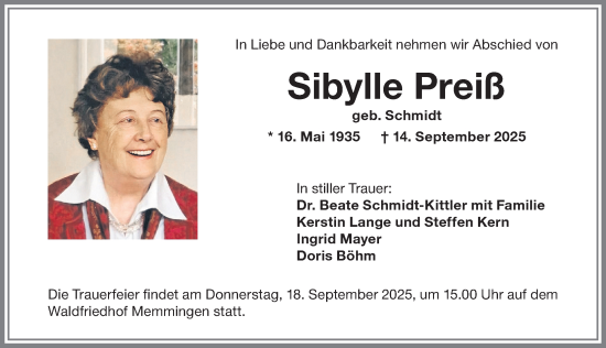 Traueranzeige von Sibylle Preiß von Memminger Zeitung