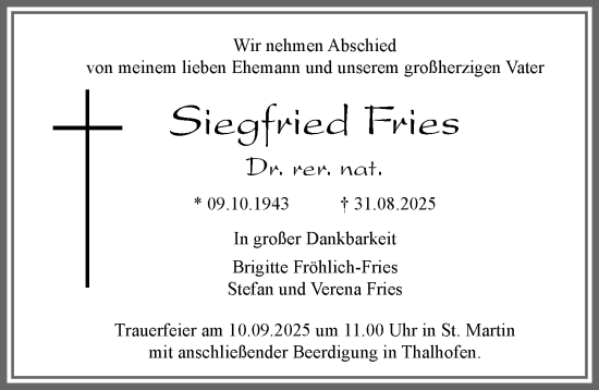 Traueranzeige von Siegfried Fries von Allgäuer Zeitung, Marktoberdorf