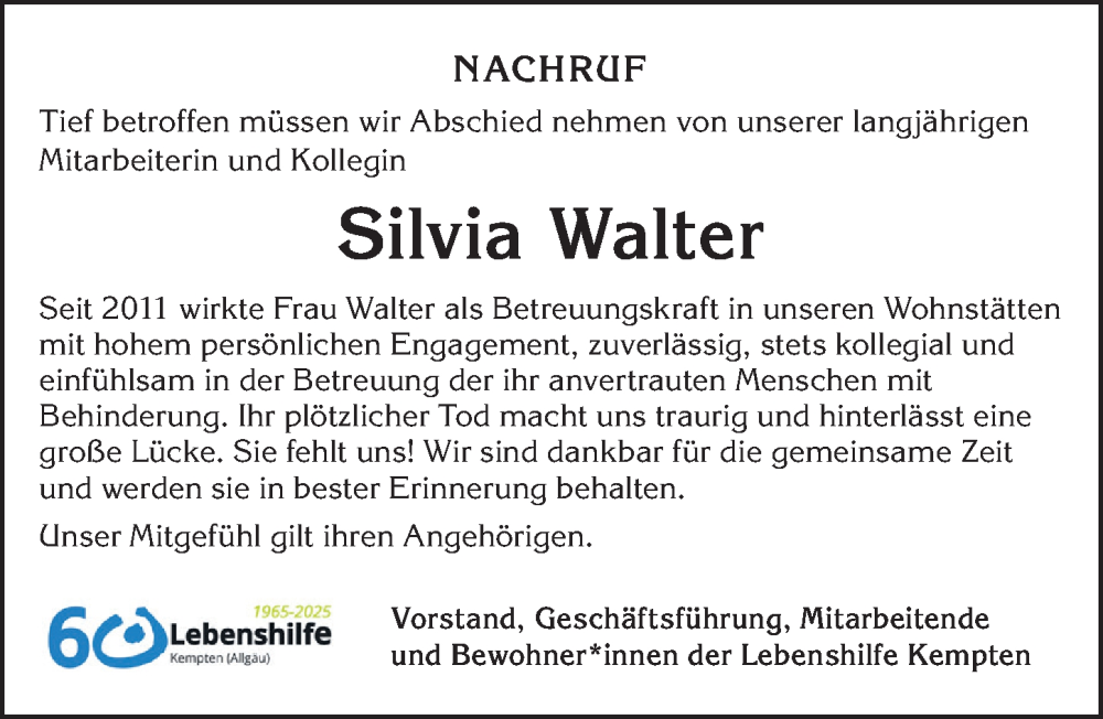  Traueranzeige für Silvia Walter vom 13.09.2025 aus Allgäuer Zeitung,Kempten