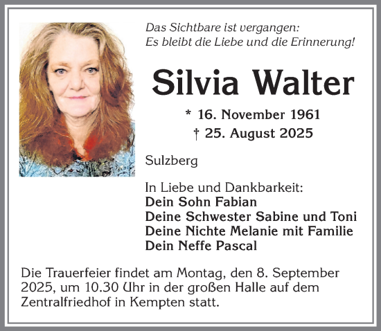 Traueranzeige von Silvia Walter von Allgäuer Zeitung,Kempten