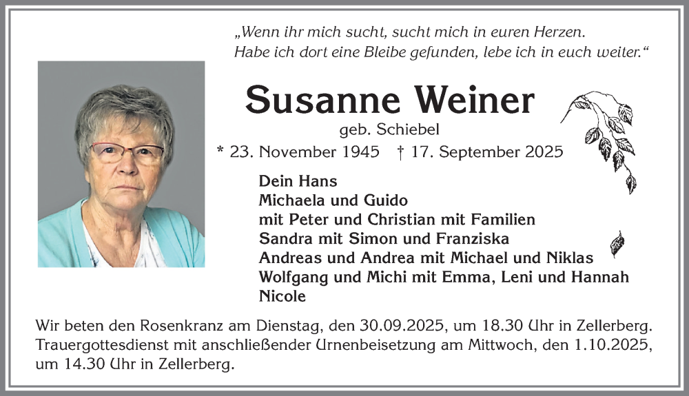  Traueranzeige für Susanne Weiner vom 27.09.2025 aus Allgäuer Zeitung, Kaufbeuren/Buchloe