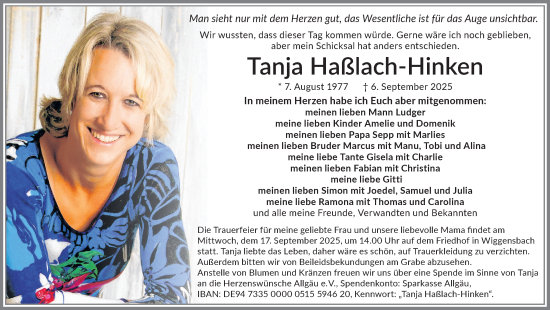 Traueranzeige von Tanja Haßlach-Hinken von Allgäuer Zeitung,Kempten
