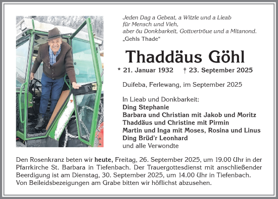 Traueranzeige von Thaddäus Göhl von Allgäuer Anzeigeblatt