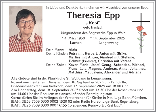 Traueranzeige von Theresia Epp von Allgäuer Zeitung, Füssen