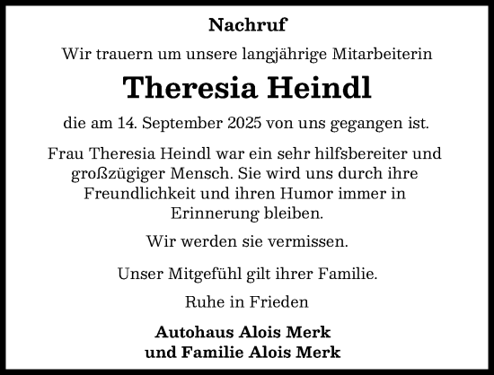 Traueranzeige von Theresia Heindl von Allgäuer Zeitung, Kaufbeuren/Buchloe