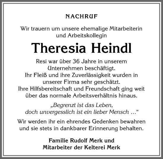 Traueranzeige von Theresia Heindl von Allgäuer Zeitung, Kaufbeuren/Buchloe
