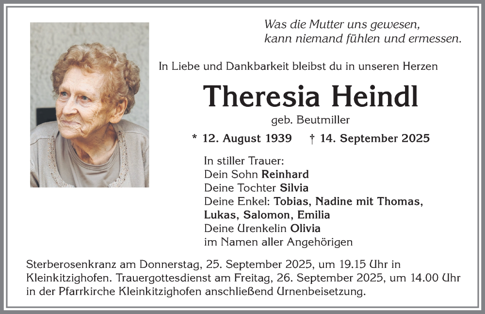  Traueranzeige für Theresia Heindl vom 20.09.2025 aus Allgäuer Zeitung, Kaufbeuren/Buchloe