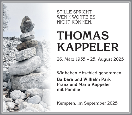 Traueranzeige von Thomas Kappeler von Allgäuer Zeitung,Kempten