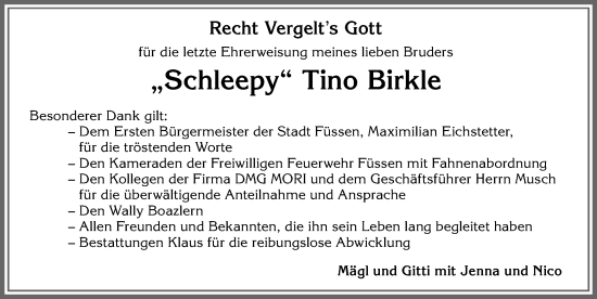 Traueranzeige von Tino Birkle von Allgäuer Zeitung, Füssen