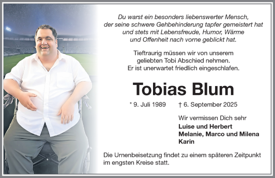 Traueranzeige von Tobias Blum von Memminger Zeitung