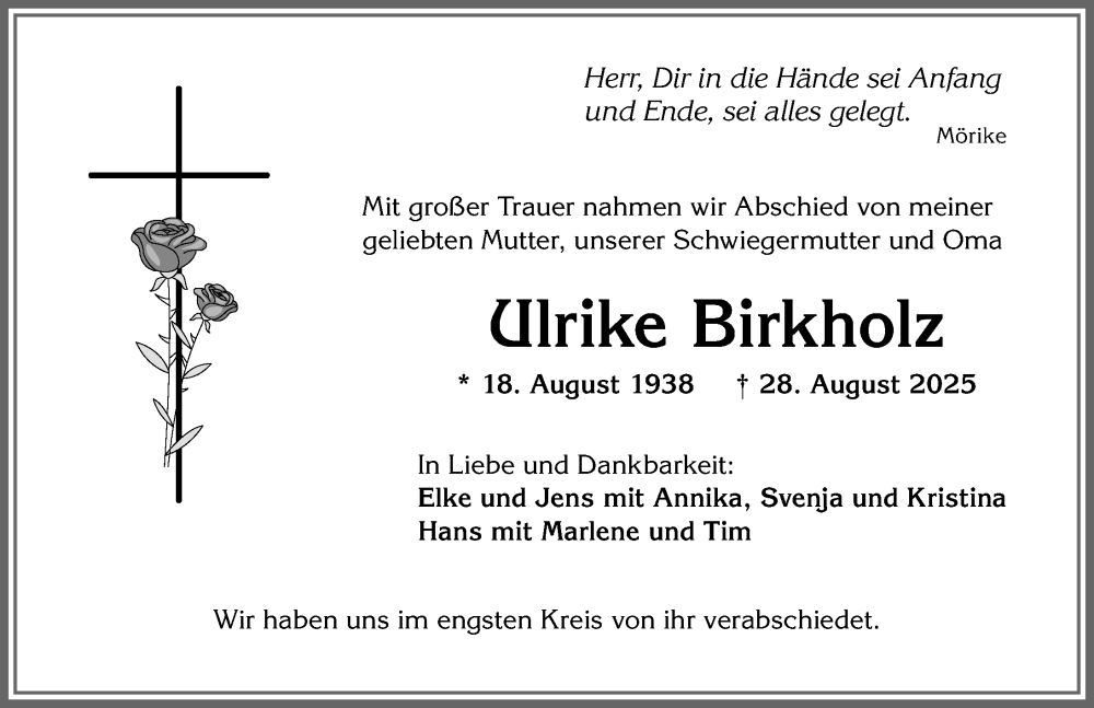  Traueranzeige für Ulrike Birkholz vom 13.09.2025 aus Allgäuer Zeitung,Kempten