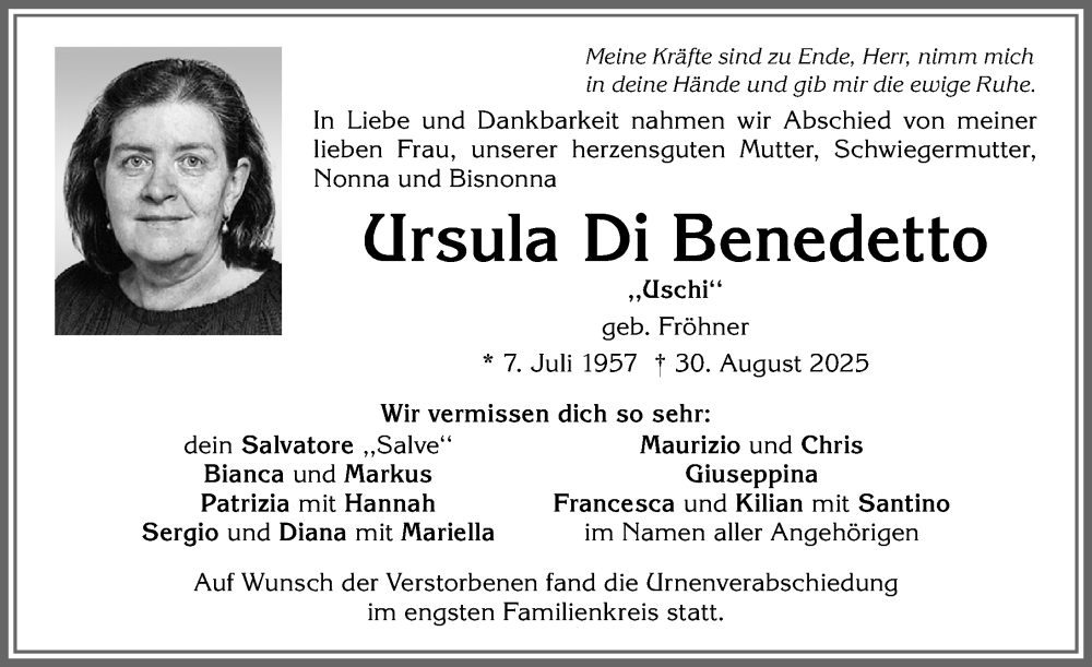  Traueranzeige für Ursula Di Benedetto vom 13.09.2025 aus Allgäuer Zeitung, Kaufbeuren/Buchloe