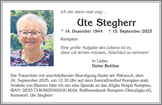 Traueranzeige von Ute Stegherr von Allgäuer Zeitung,Kempten