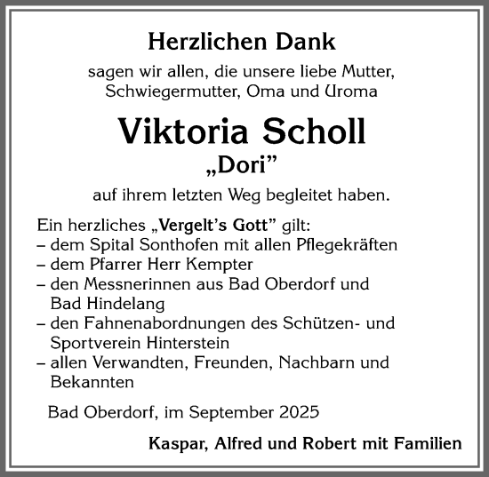 Traueranzeige von Viktoria Scholl von Allgäuer Anzeigeblatt