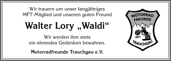 Traueranzeige von Walter Lory von Allgäuer Zeitung, Füssen