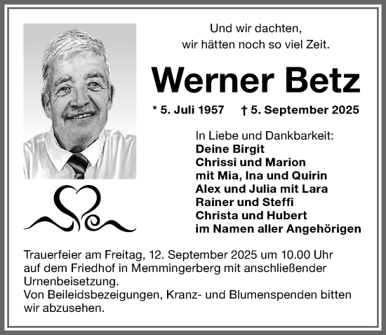 Traueranzeige von Werner Betz von Memminger Zeitung