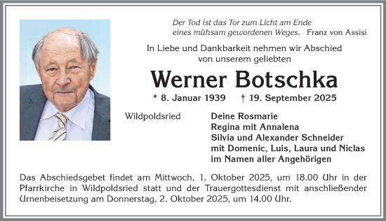 Traueranzeige von Werner Botschka von Allgäuer Zeitung,Kempten