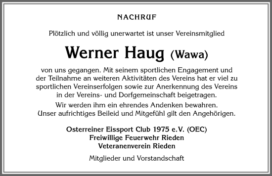 Traueranzeige von Werner Haug von Allgäuer Zeitung, Füssen