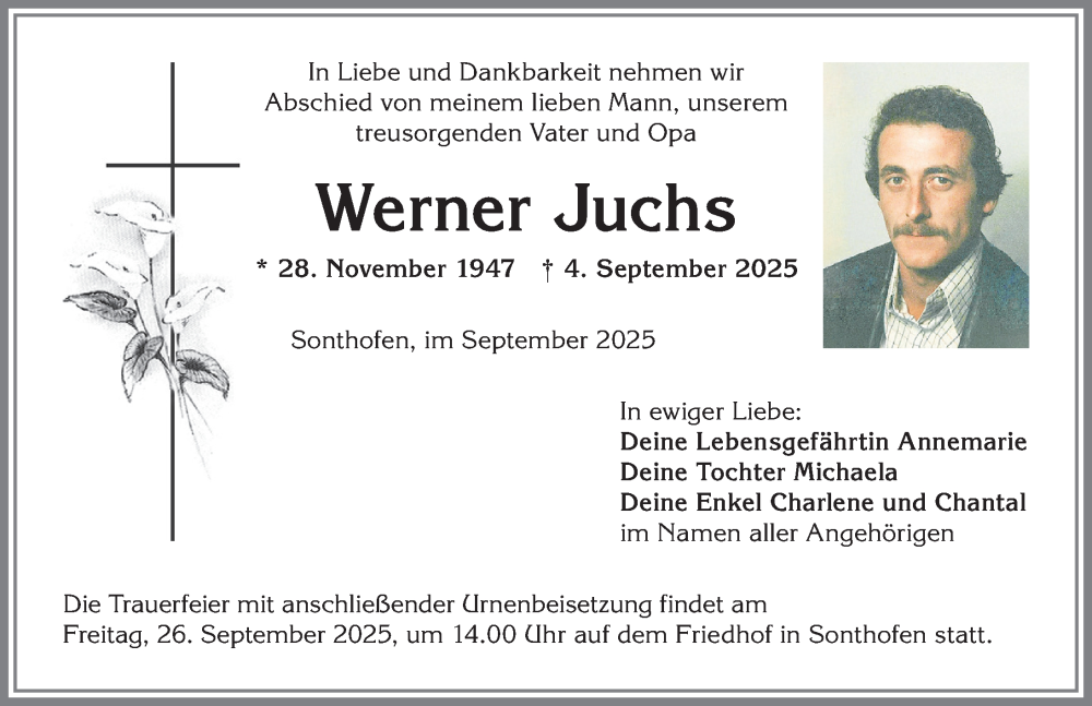  Traueranzeige für Werner Juchs vom 24.09.2025 aus Allgäuer Anzeigeblatt
