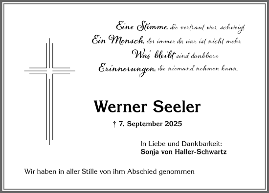 Traueranzeige von Werner Seeler von Allgäuer Zeitung,Kempten