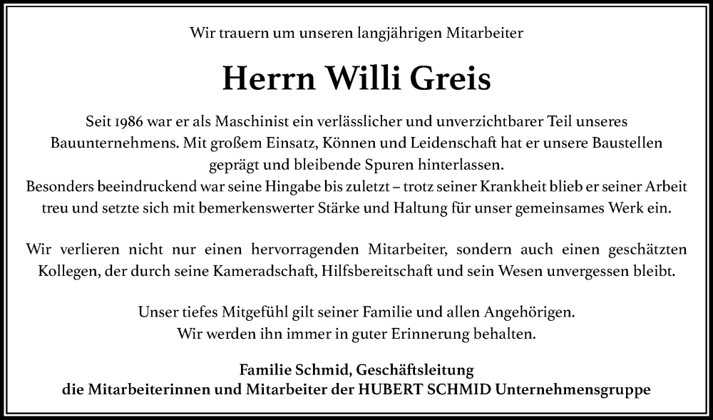  Traueranzeige für Willi Greis vom 24.09.2025 aus Allgäuer Zeitung, Gesamtausgabe