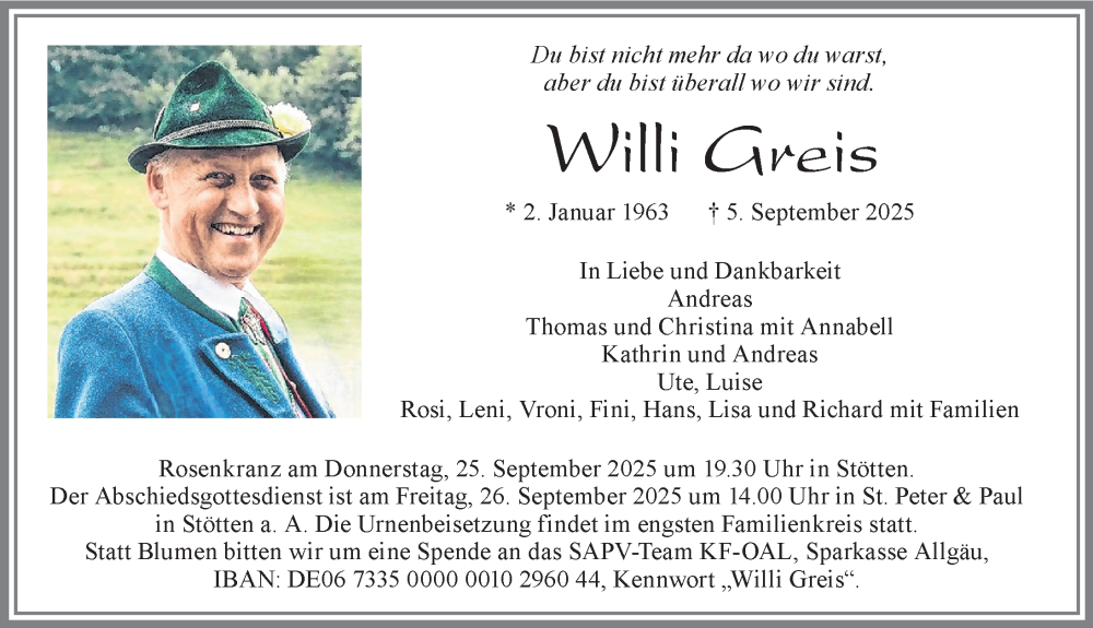  Traueranzeige für Willi Greis vom 23.09.2025 aus Allgäuer Zeitung, Marktoberdorf