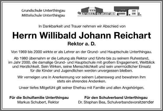 Traueranzeige von Willibald Johann Reichart von Allgäuer Zeitung, Marktoberdorf