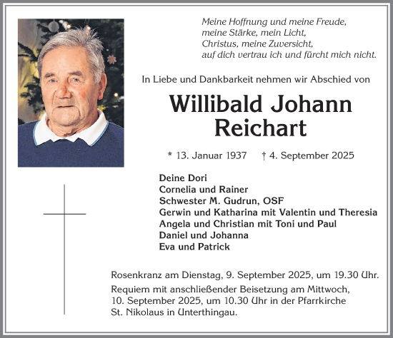Traueranzeige von Willibald Johann Reichart von Allgäuer Zeitung, Marktoberdorf