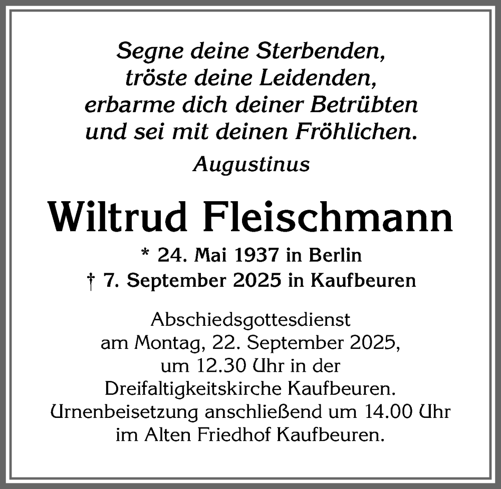  Traueranzeige für Wiltrud Fleischmann vom 13.09.2025 aus Allgäuer Zeitung, Kaufbeuren/Buchloe