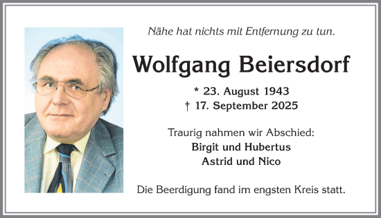 Traueranzeige von Wolfgang Beiersdorf von Allgäuer Zeitung,Kempten