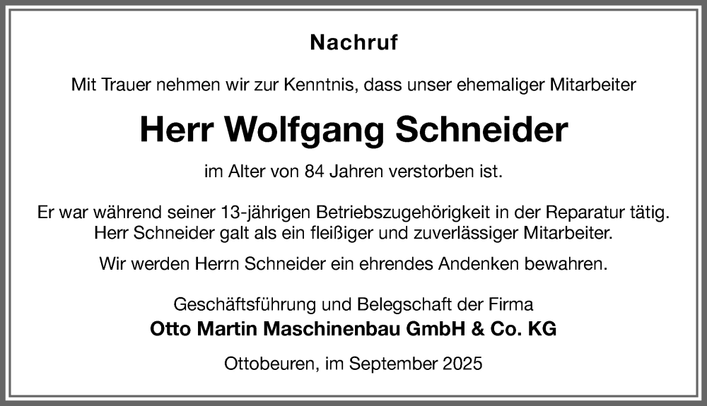  Traueranzeige für Wolfgang Schneider vom 13.09.2025 aus Memminger Zeitung