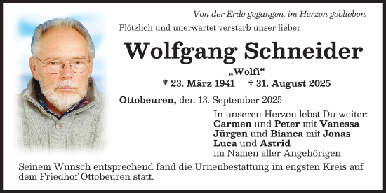Traueranzeige von Wolfgang Schneider von Memminger Zeitung