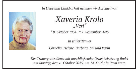 Traueranzeige von Xaveria Krolo von Allgäuer Zeitung, Füssen