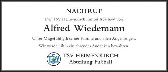Traueranzeige von Alfred Wiedemann von Der Westallgäuer