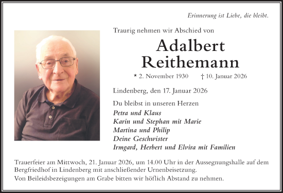 Traueranzeige von Adalbert Reithemann von Der Westallgäuer