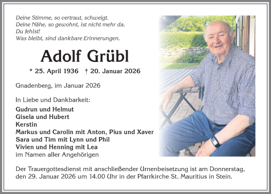 Traueranzeige von Adolf Grübl von Allgäuer Anzeigeblatt