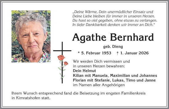 Traueranzeige von Agathe Bernhard von Allgäuer Zeitung,Kempten