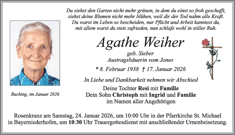  Traueranzeige für Agathe Weiher vom 21.01.2026 aus Allgäuer Zeitung, Füssen