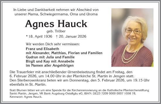 Traueranzeige von Agnes Hauck von Allgäuer Zeitung, Kaufbeuren/Buchloe