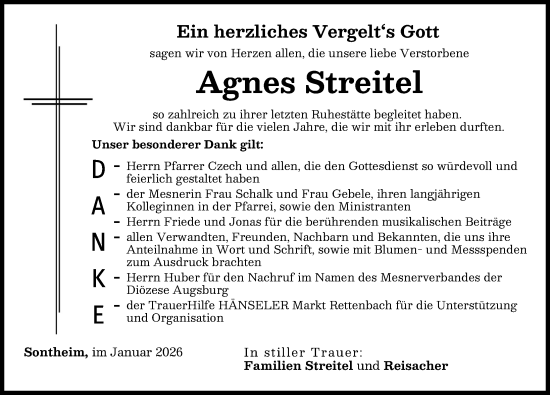 Traueranzeige von Agnes Streitel von Memminger Zeitung