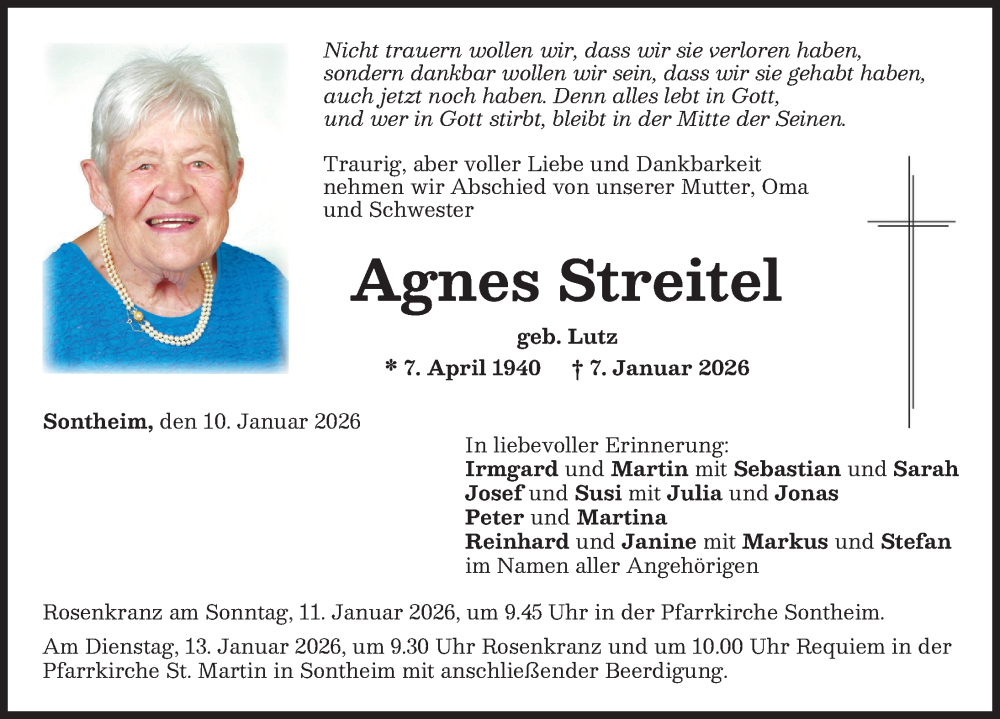  Traueranzeige für Agnes Streitel vom 10.01.2026 aus Memminger Zeitung