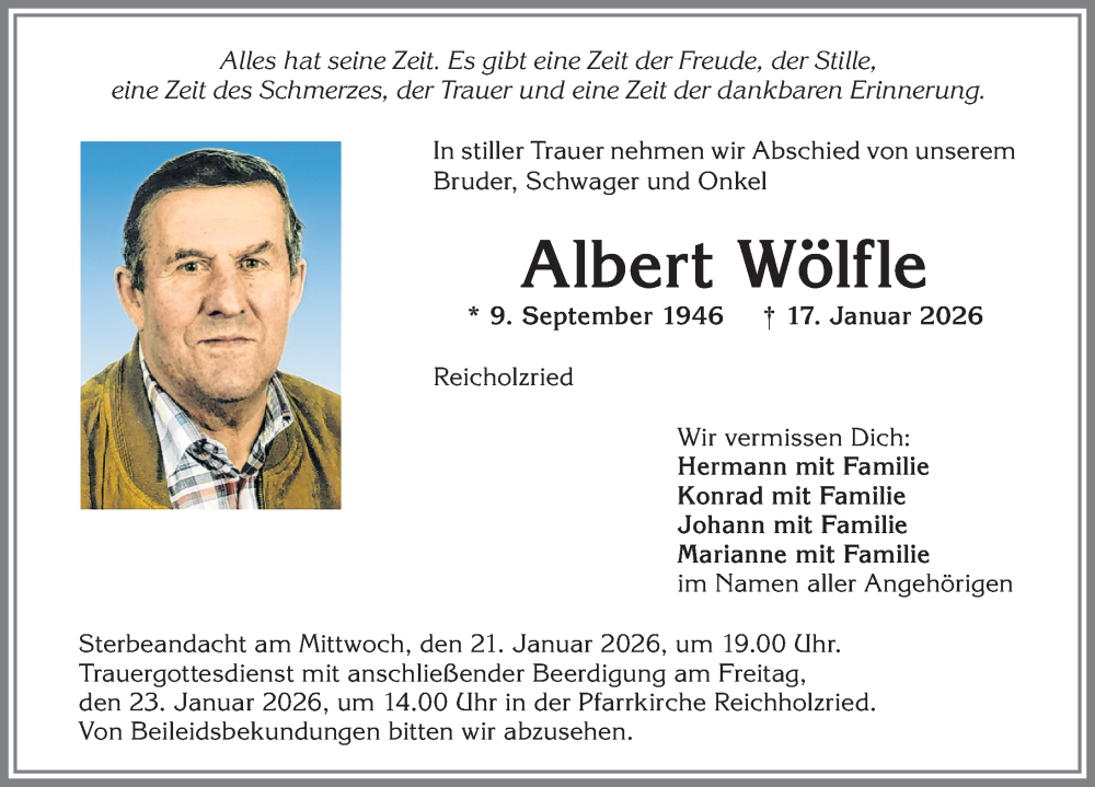  Traueranzeige für Albert Wölfle vom 20.01.2026 aus Allgäuer Zeitung,Kempten