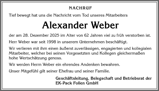 Traueranzeige von Alexander Weber von Allgäuer Zeitung,Kempten
