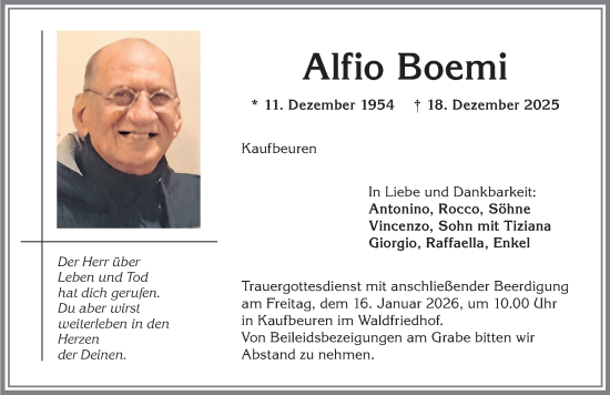 Traueranzeige von Alfio Boemi von Allgäuer Zeitung, Kaufbeuren/Buchloe