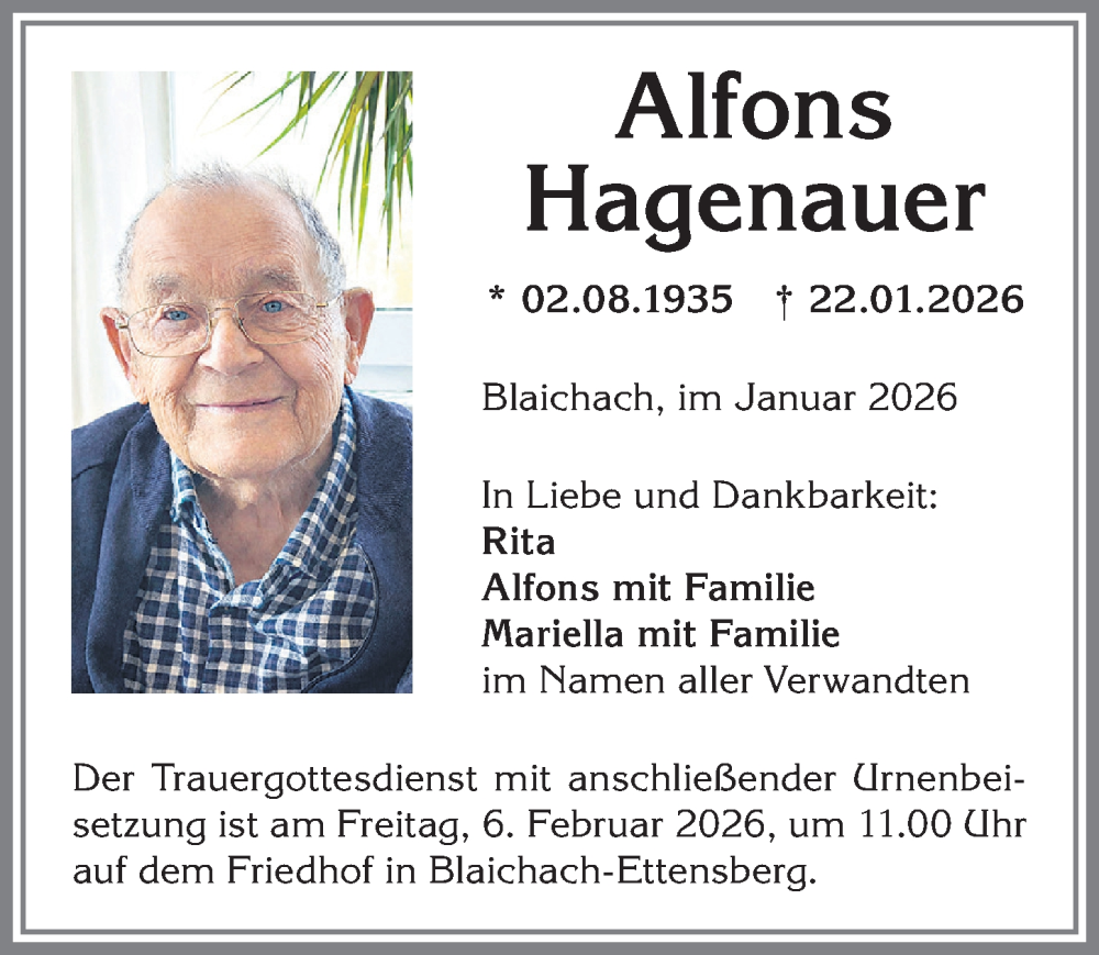  Traueranzeige für Alfons Hagenauer vom 31.01.2026 aus Allgäuer Anzeigeblatt