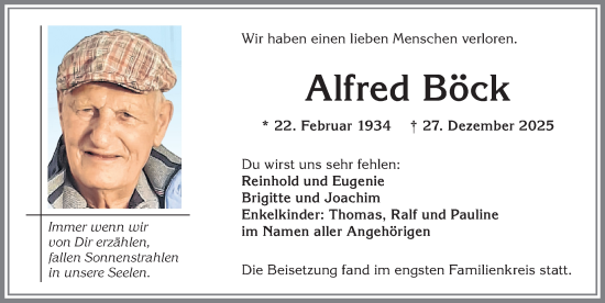 Traueranzeige von Alfred Böck von Allgäuer Zeitung,Kempten