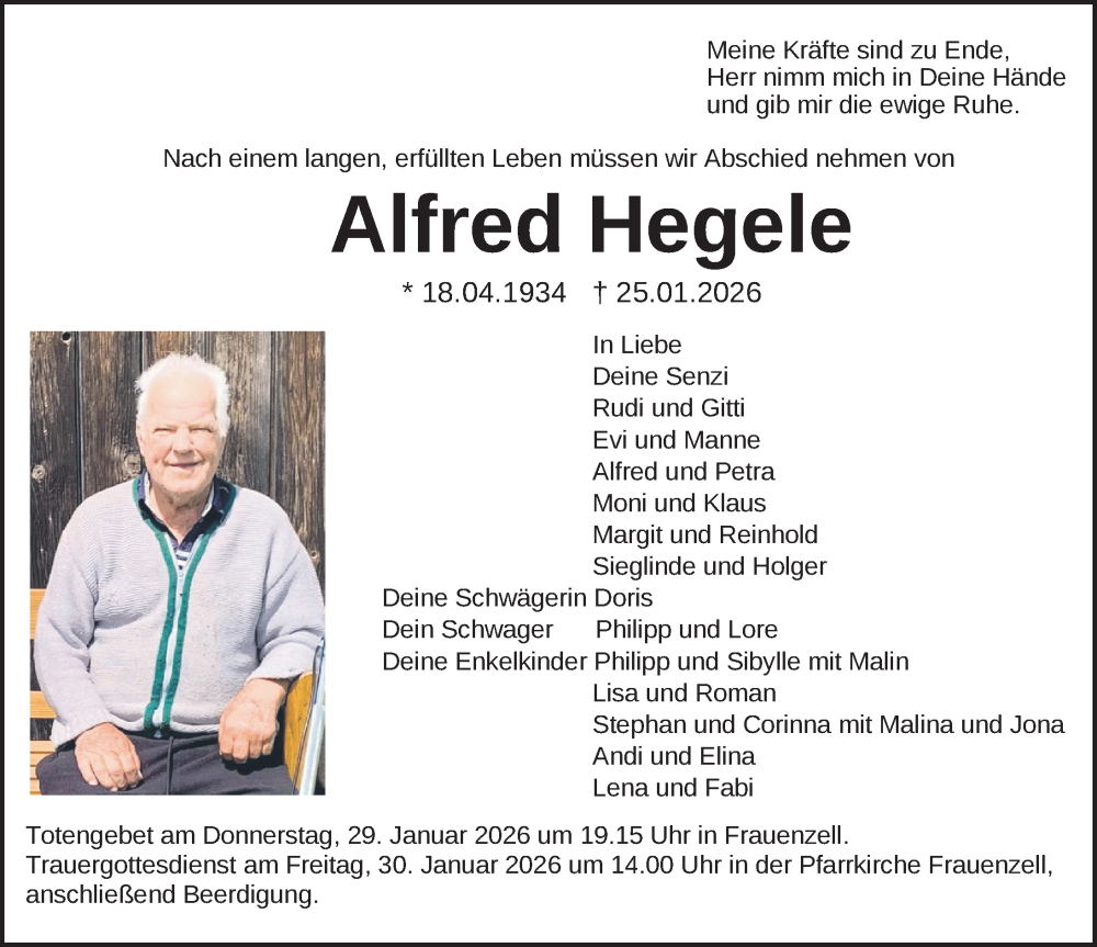  Traueranzeige für Alfred Hegele vom 28.01.2026 aus Allgäuer Zeitung,Kempten