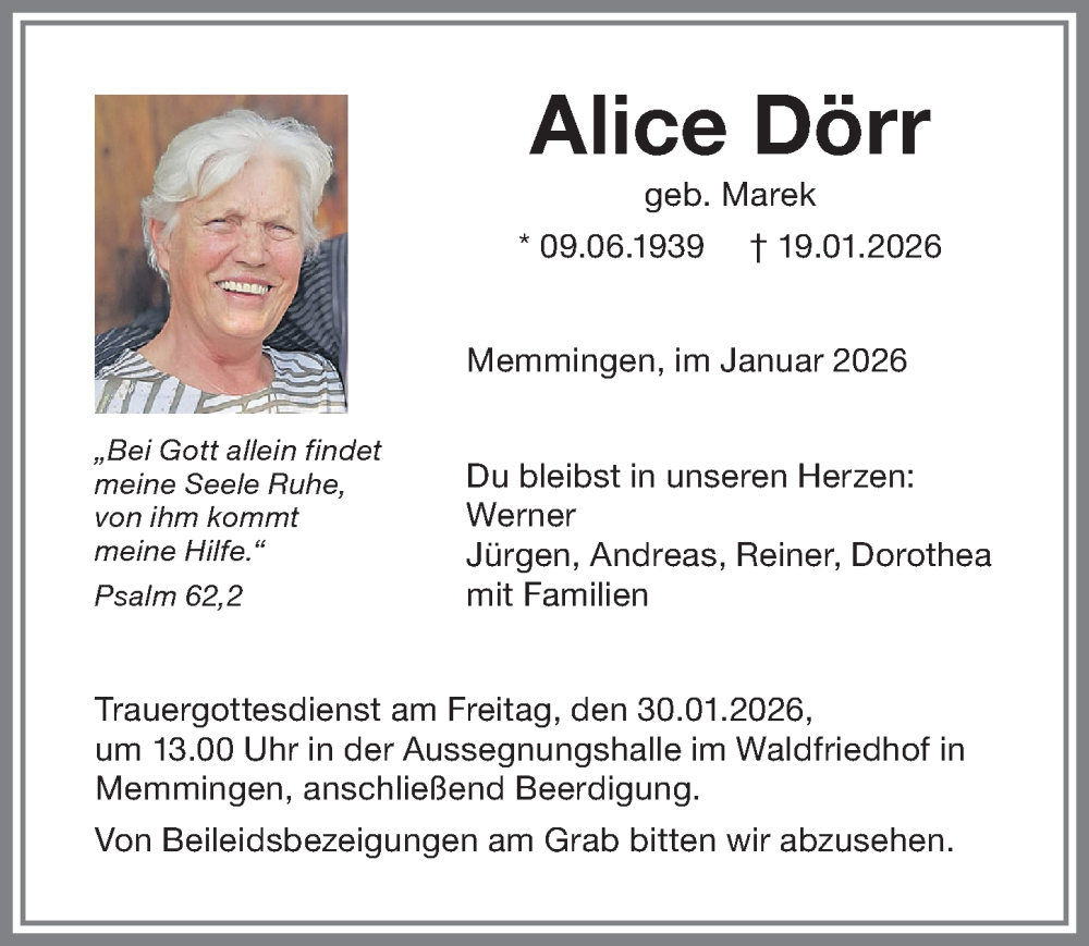  Traueranzeige für Alice Dörr vom 28.01.2026 aus Memminger Zeitung