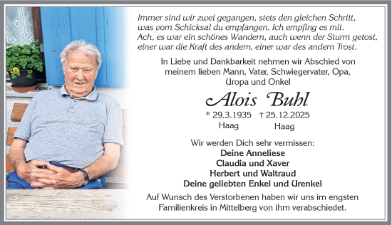 Traueranzeige von Alois Buhl von Allgäuer Zeitung,Kempten