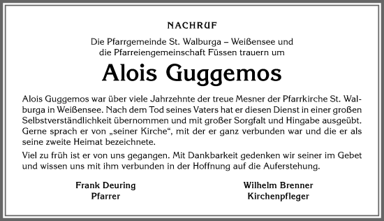 Traueranzeige von Alois Guggemos von Allgäuer Zeitung, Füssen